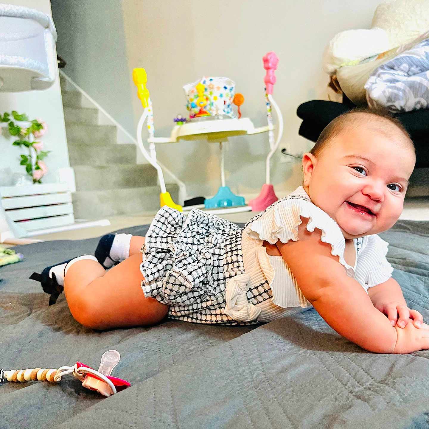 Annalisa joined the competition — help win amazing prizes! baby, babycrawling, babylaughing, bed, bedroom, clothing, crawling, face, furniture, happy, head, indoors, pants, people, person, photography, portrait, room, sitting, smile