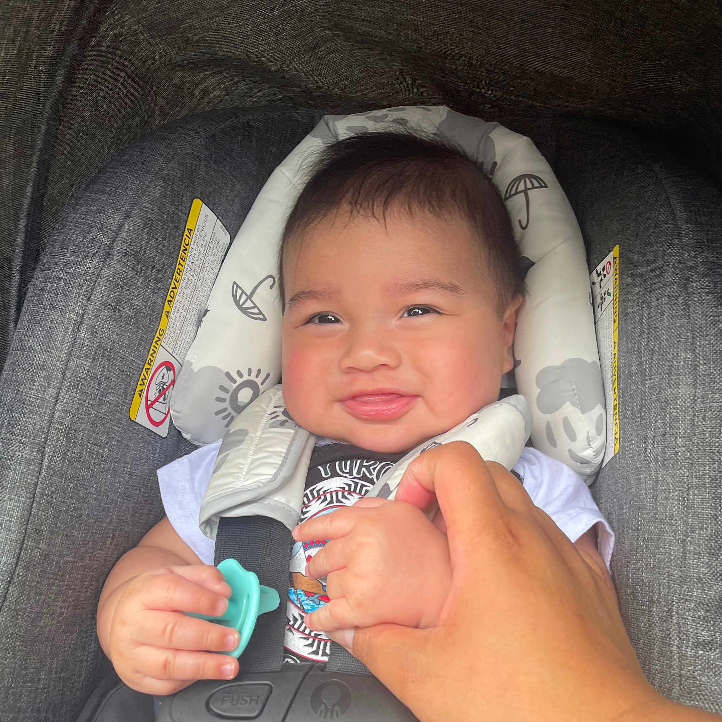 Soujah-Flint joined the competition — help win amazing prizes! baby, car_seat, child, clothing, cute, face, hand, happy, head_support, holding_hand, indoor, infant, pacifier, person, portrait, safety_harness, seat_belt, skin, smile, toddler