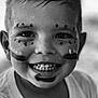 black_and_white, boy, child, childhood, closeup, cute, expression, face, face_paint, fun, happy, innocence, joyful, portrait, short_hair, smile, teeth, toddler, white_shirt, young