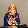 Scooter is registered to the contest to win money with this photo: person, cat, animal, pet, costume, holiday, plaid, antlers, sweater, smile, hat, indoor, cute, festive, face, fur, holding, celebration, funny, portrait
