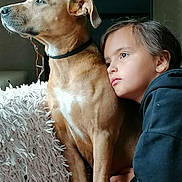 Naya participe au concours pour gagner de l'argent avec cette photo : child, dog, pet, indoor, affection, portrait, closeup, brown_dog, young_child, cuddling, cozy, blanket, casual_clothing, expression, calm, companionship, natural_light, furniture, home, warmth