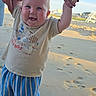 baby, child, beach, sand, sunlight, smile, happy, holding_hands, shorts, tshirt, playful, footprints, summer, outdoor, person, blue_sky, daylight, cute, vacation, family