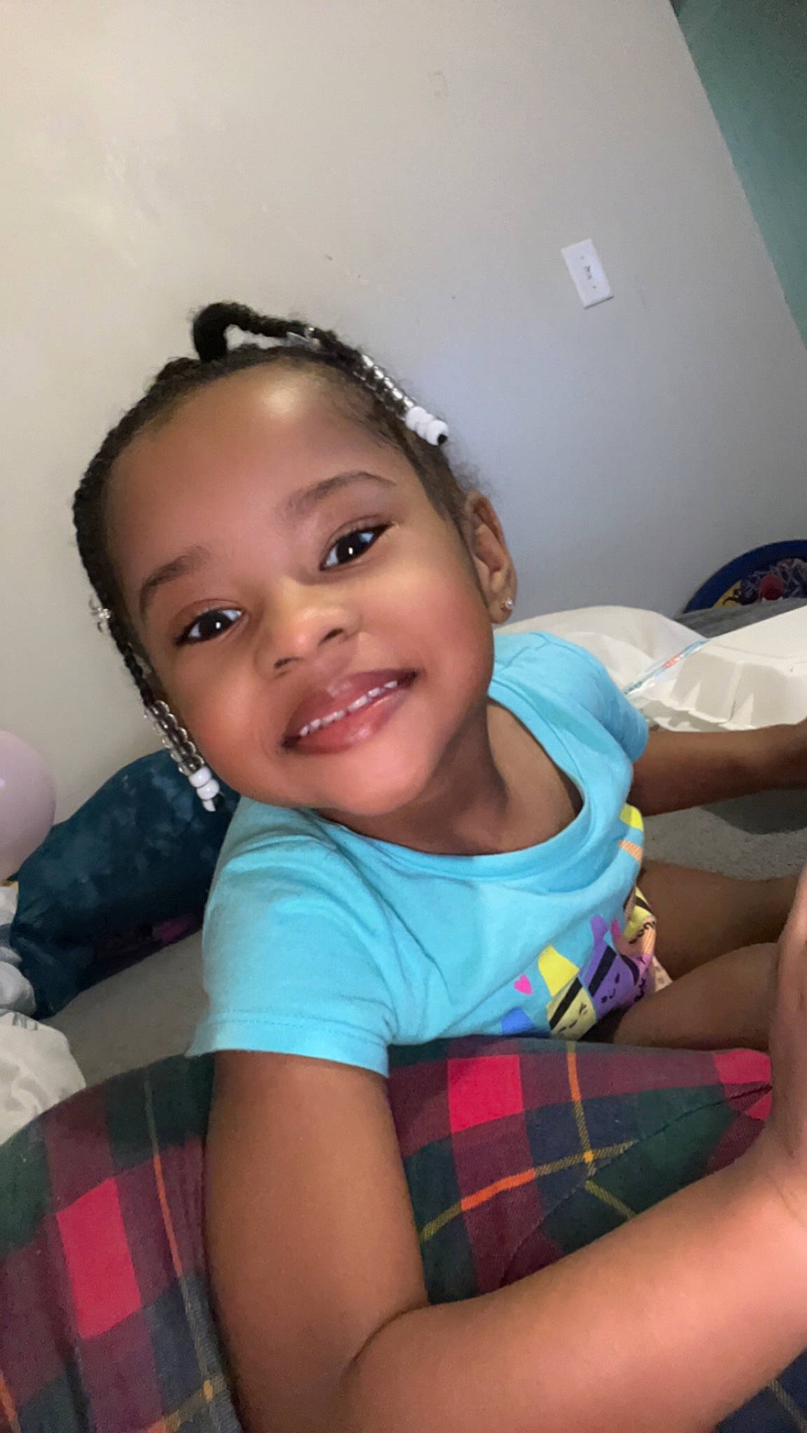 Tayanna joined the competition — help win amazing prizes! baby_toddler_clothing, black_hair, child, comfort, elbow, finger, flash_photography, fun, hairstyle, happy, human_leg, iris, joy, pattern, person, plaid, skin, smile, tartan, thigh