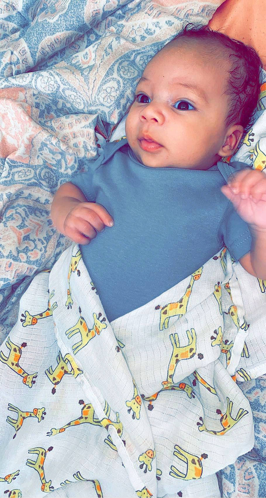 Kylen is registered to the contest to win money with this photo: baby, baby_toddler_clothing, blue, cheek, chin, collar, eye, face, linens, lip, nose, outerwear, pattern, person, product, skin, sleeve, t_shirt, textile, toddler