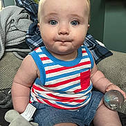 Bentley joined the competition — help win amazing prizes! baby, child, indoor, sitting, blue_eyes, striped_clothing, tank_top, shorts, stuffed_toy, ball, couch, blanket, plush_toy, cute, portrait, person, furniture, casual, home, closeup