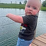 Bentley is registered to the contest to win money with this photo: toddler, child, water, lake, dock, wood, cable, outdoor, nature, grass, tree, sky, daytime, clothing, shorts, tshirt, footwear, person, portrait, standing