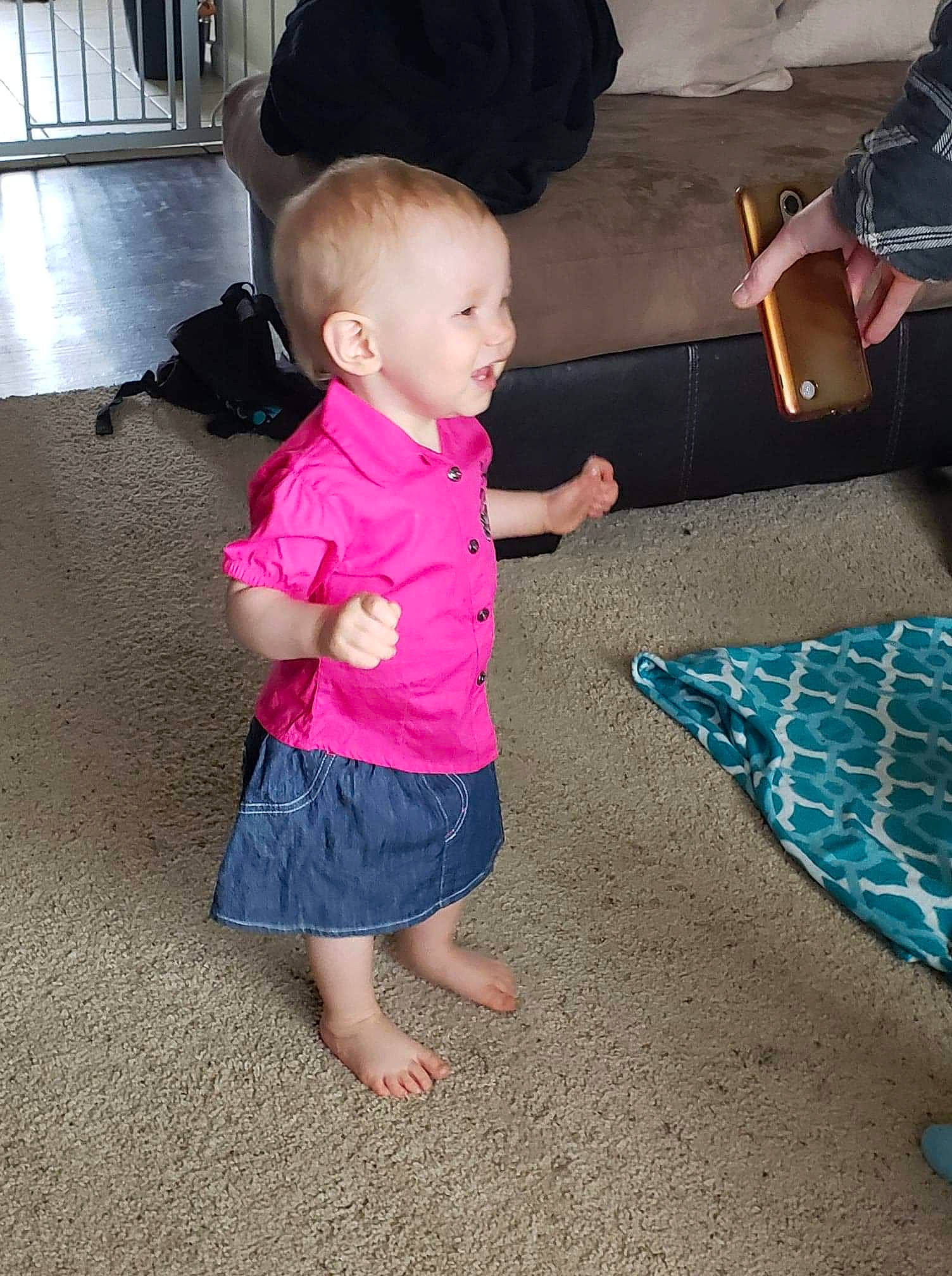 Azlynn joined the competition — help win amazing prizes! baby, barefoot, child, floor, flooring, fun, leg, person, play, toddler