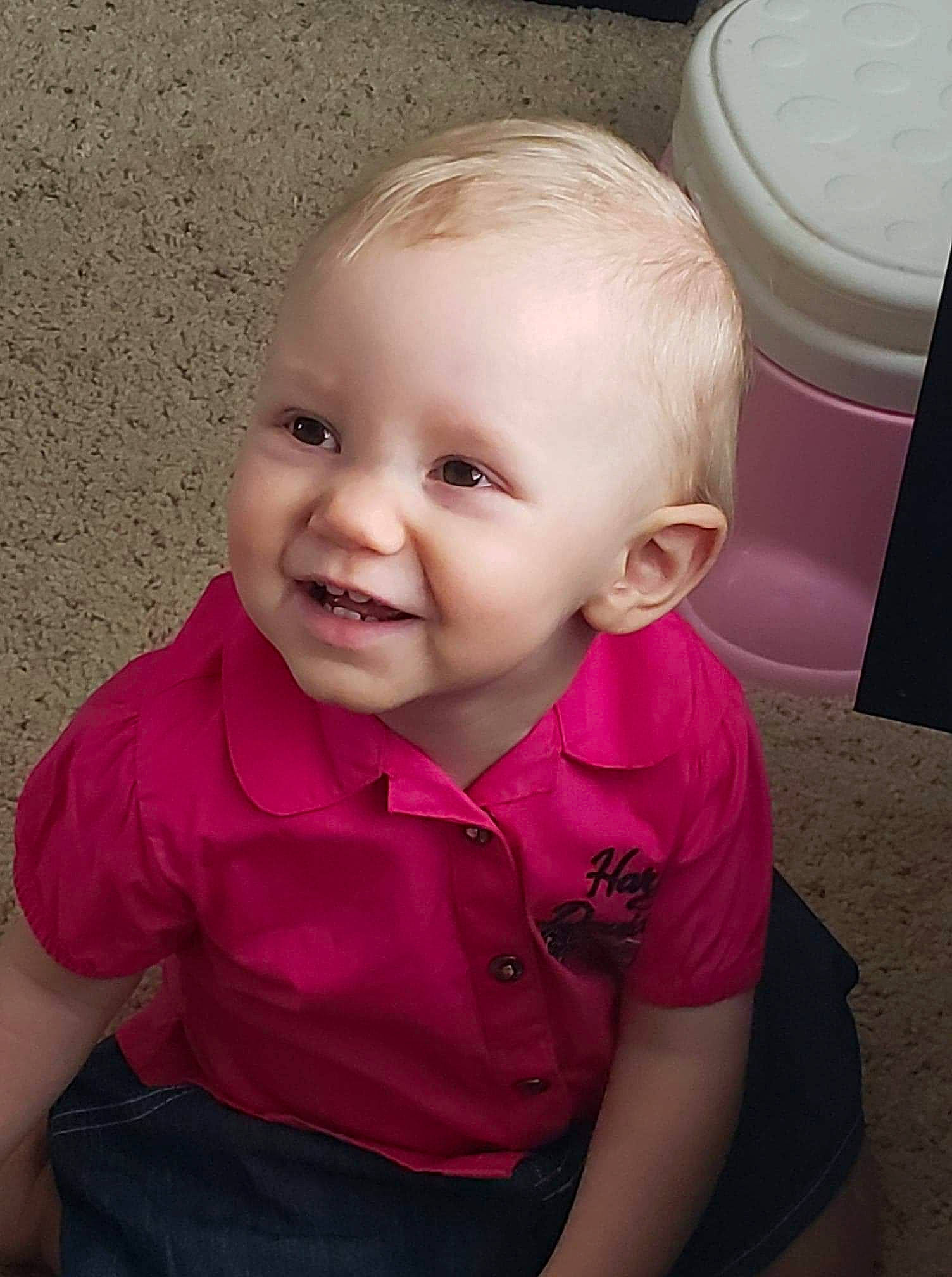 Azlynn joined the competition — help win amazing prizes! baby, cheek, child, chin, eye, face, facial_expression, forehead, head, joy, laugh, lip, mouth, nose, person, pink, sitting, skin, smile, toddler