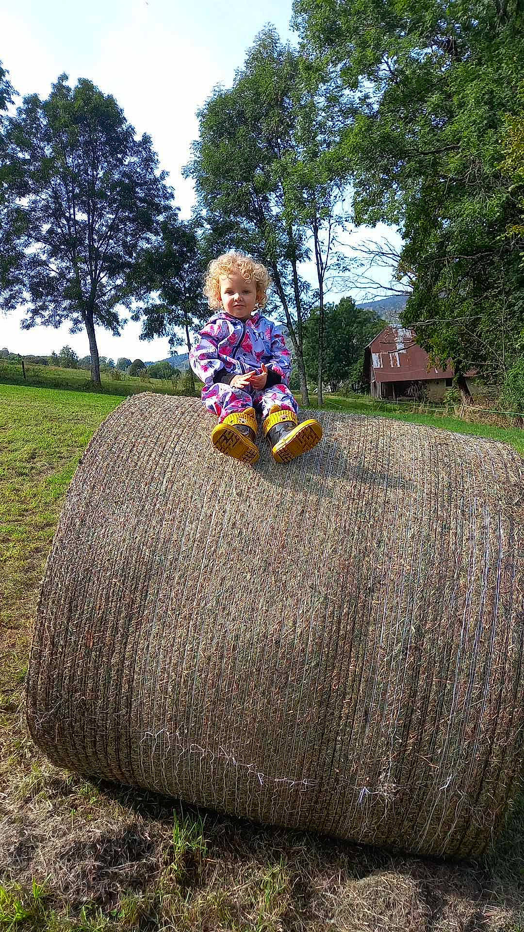 Lucie participe au concours pour gagner de l'argent avec cette photo : agriculture, baby_toddler_clothing, fun, grass, grassland, happy, landscape, leisure, magenta, people_in_nature, person, plant, sitting, sky, smile, soil, tints_and_shades, toddler, tree, trunk