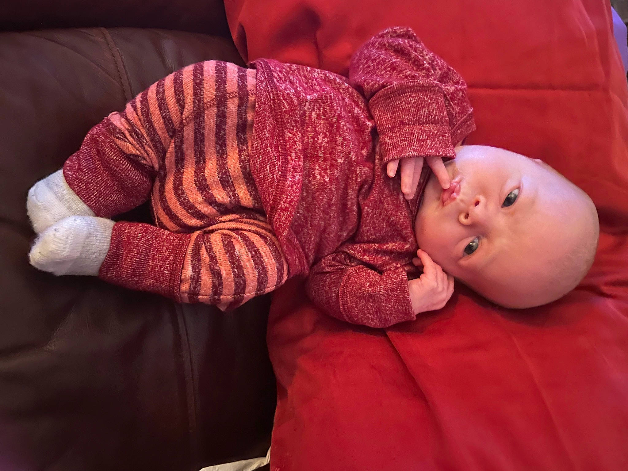Jax joined the competition — help win amazing prizes! baby, baby_sleeping, baby_toddler_clothing, bedtime, cheek, child, comfort, finger, flooring, hand, human_body, knit_cap, linens, magenta, mouth, nose, person, red, sitting, sleeve