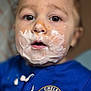 baby, blue_jacket, chelsea_logo, child, closeup, clothing, cream, curious, expression, face, food, indoor, mess, messy, mouth_open, person, portrait, skin, toddler, yogurt