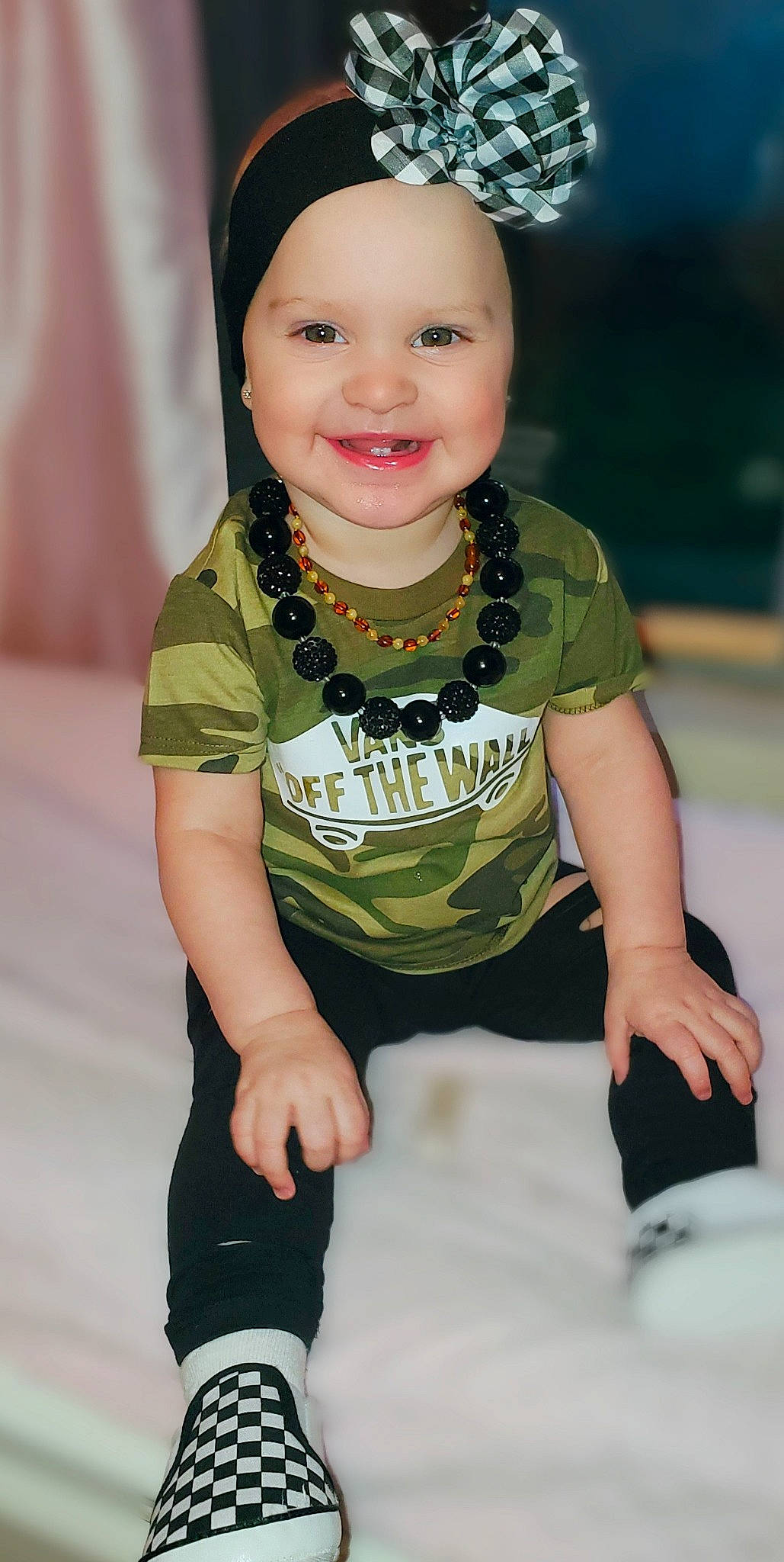 Jaelyn is registered to the contest to win money with this photo: baby, cheek, child, child_model, facial_expression, forehead, happy, head, joy, person, personal_protective_equipment, skin, sleeve, smile, t_shirt, toddler