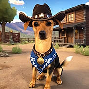 Tj is registered to the contest to win money with this photo: dog, animated, cowboy_hat, bandana, western, town, building, dirt_road, tree, sky, mountains, fence, collar, medallion, animal, pet, cute, outdoor, sunny, portrait