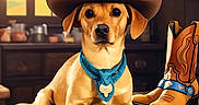Tj is registered to the contest to win money with this photo: dog, cowboy_hat, bandana, cowboy_boots, wooden_table, indoor, pet, animal, brown_dog, decorative, rustic, warm_lighting, portrait, close_up, domestic_animal, adorable, costume, western_theme, relaxed, furniture