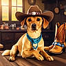 dog, cowboy_hat, bandana, cowboy_boots, wooden_table, indoor, pet, animal, brown_dog, decorative, rustic, warm_lighting, portrait, close_up, domestic_animal, adorable, costume, western_theme, relaxed, furniture