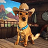Tj joined the competition — help win amazing prizes! dog, cowboy_hat, collar, wooden_table, indoor, painting, western_theme, brown_dog, pet, costume, animal, portrait, decor, furniture, hat, cute, sitting, brown, blue_collar, wild_west