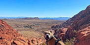 Moku is registered to the contest to win money with this photo: dog, harness, rock, red_rock, desert, mountain, landscape, outdoor, nature, animal, pet, sky, sunlight, happy, sitting, scenic, adventure, daytime, canine, wilderness