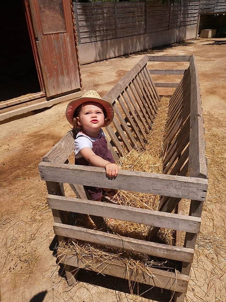Luna participe au concours pour gagner de l'argent avec cette photo : baby, child, door, dress, flash_photography, fun, grass, handrail, happy, hat, human_body, landscape, leisure, people_in_nature, person, sitting, skin, soil, toddler, tree