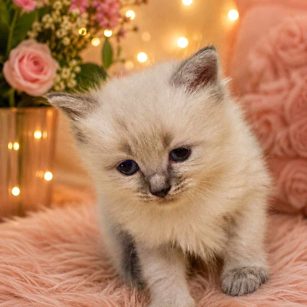 Prdy Teet is registered to the contest to win money with this photo: adorable, animal, background, cat, closeup, cozy, cute, fairy_lights, feline, flowers, fluffy, furry, indoor, kitten, pet, pink, portrait, roses, soft, young