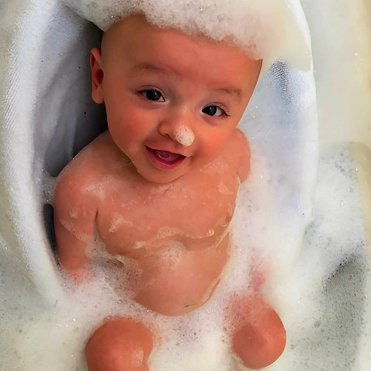 Jax joined the competition — help win amazing prizes! baby, bath, bubble, child, clean, cute, face, foam, fun, happy, head, indoors, person, playful, sitting, skin, smile, soap, toddler, water