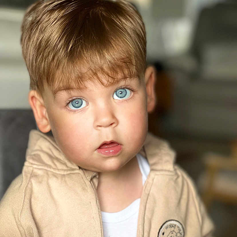 Louis a rejoint le concours — aidez-le/la à gagner de superbes lots ! baby, background_blur, beige_clothing, blue_eyes, casual_clothing, child, closeup, curious_expression, cute, face, head_and_shoulders, hoodie, indoor, innocence, light_brown_hair, person, portrait, soft_lighting, toddler, young_child