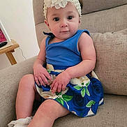 Ariella joined the competition — help win amazing prizes! baby, child, girl, dress, flower_headband, blue_dress, sitting, couch, indoor, cute, face, hands, legs, footwear, earrings, furniture, home, portrait, person, comfortable