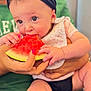 Ariella joined the competition — help win amazing prizes! baby, watermelon, headband, bib, hand, pink_nail_polish, fruit, eating, cute, child, person, skin, clothing, seat, closeup, indoor, holding, food, expression, lap