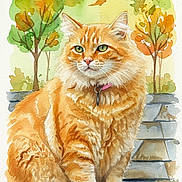 Snickers joined the competition — help win amazing prizes! cat, watercolor, painting, orange_tabby, fluffy, sitting, steps, trees, autumn, leaves, greenery, collar, key, outdoor, art, illustration, nature, portrait, serene, colorful