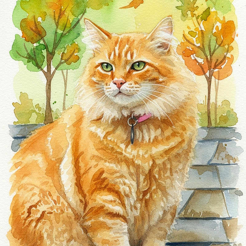 Snickers joined the competition — help win amazing prizes! cat, watercolor, painting, orange_tabby, fluffy, sitting, steps, trees, autumn, leaves, greenery, collar, key, outdoor, art, illustration, nature, portrait, serene, colorful
