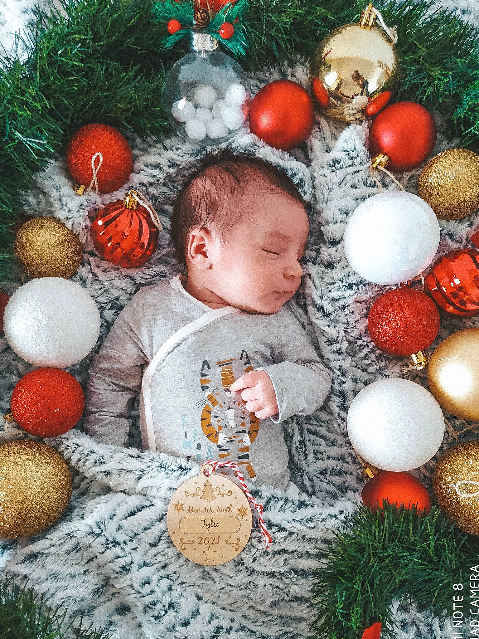 Tylio a rejoint le concours — aidez-le/la à gagner de superbes lots ! baby, baby_toddler_clothing, child, christmas, christmas_decoration, christmas_eve, christmas_ornament, conifer, event, grass, green, happy, holiday, holiday_ornament, natural_foods, nature, orange, ornament, people_in_nature, person