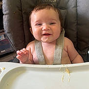Storibelle joined the competition — help win amazing prizes! baby, high_chair, messy_face, smiling, food, feeding, child, straps, indoor, kitchen, seat, happy, cute, infant, face, expression, person, mess, plate, meal