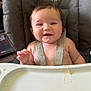 baby, high_chair, messy_face, smiling, food, feeding, child, straps, indoor, kitchen, seat, happy, cute, infant, face, expression, person, mess, plate, meal