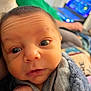 baby, infant, face, eyes, blanket, hand, clothing, portrait, indoor, person, expression, curious, newborn, closeup, cozy, young_child, human, technology, laptop, background