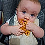 baby, child, food, pizza, bib, high_chair, messy, blue_eyes, face, hand, clothing, eating, indoor, cute, infant, feeding, seat, person, closeup, happy