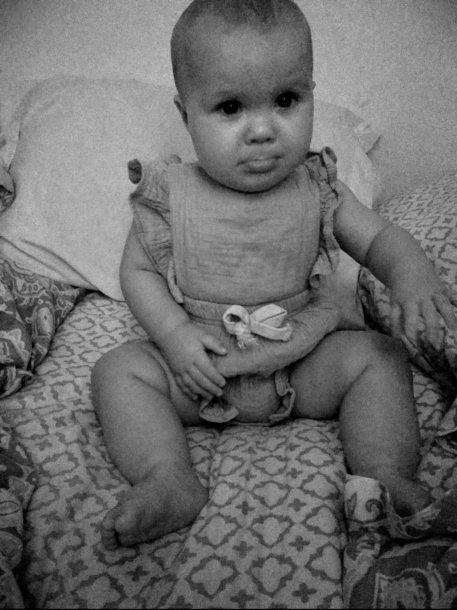 Elliana Grace joined the competition — help win amazing prizes! baby, black, black_and_white, cheek, child, eye, face, hand, head, human, leg, lip, monochrome, mouth, nose, person, photograph, sitting, skin, smile