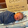 newborn, baby, swaddled, hospital, bassinet, blanket, mickey_mouse, sign, birth_announcement, sleeping, infant, portrait, cute, child, hospital_bed, wooden_sign, blue_blanket, face, person, resting