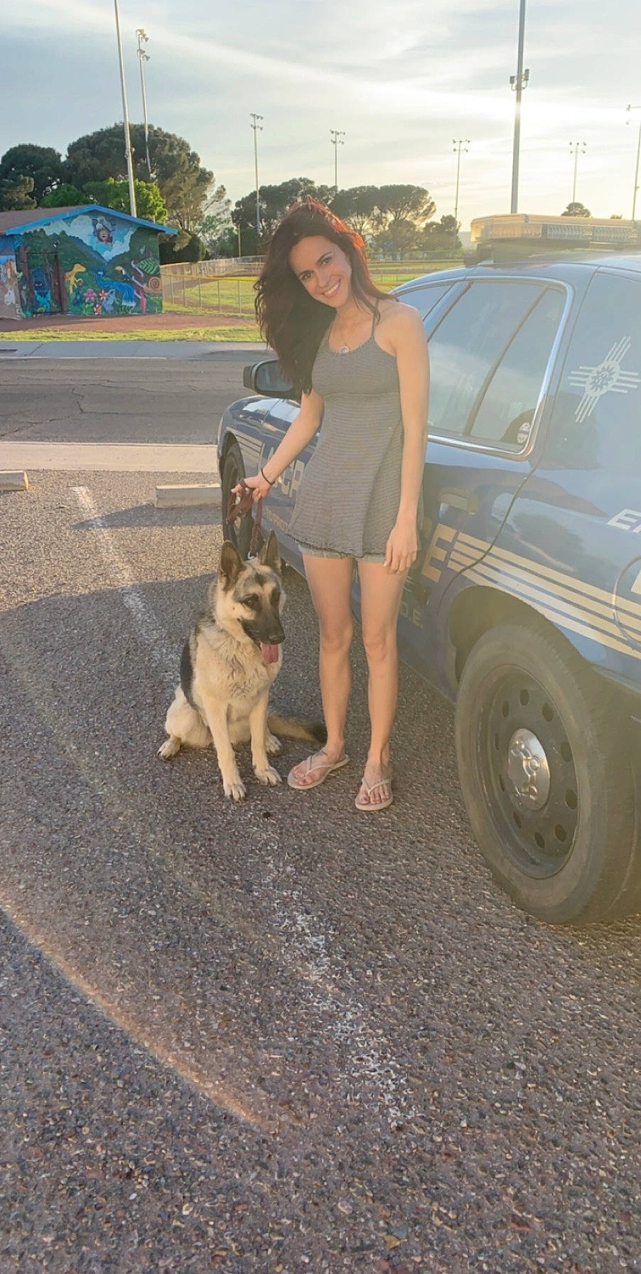 Maryjane joined the competition — help win amazing prizes! automotive_exterior, automotive_tire, car, carnivore, companion_dog, dog, dog_breed, fawn, fender, grass, leash, motor_vehicle, plant, road_surface, sidewalk, tire, tree, vehicle, vehicle_door, wheel