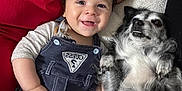 Mattia participe au concours pour gagner de l'argent avec cette photo : baby, child, dog, smile, cuddling, denim_overalls, person, hand, cushion, red_clothing, happy, pet, fur, indoor, portrait, cute, resting, cozy, human, expression