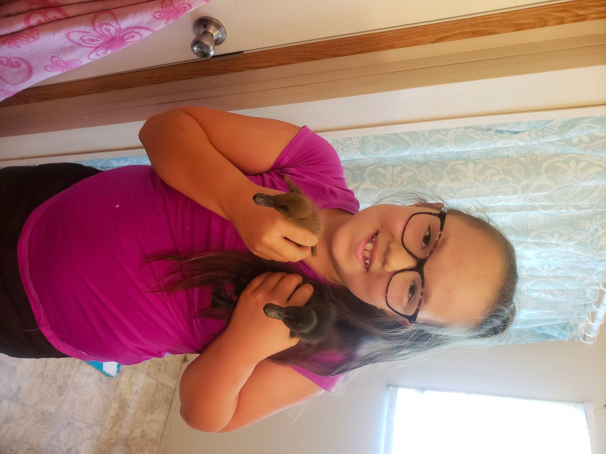 Danica joined the competition — help win amazing prizes! abdomen, black_hair, hair, joy, leg, long_hair, mouth, person, pink