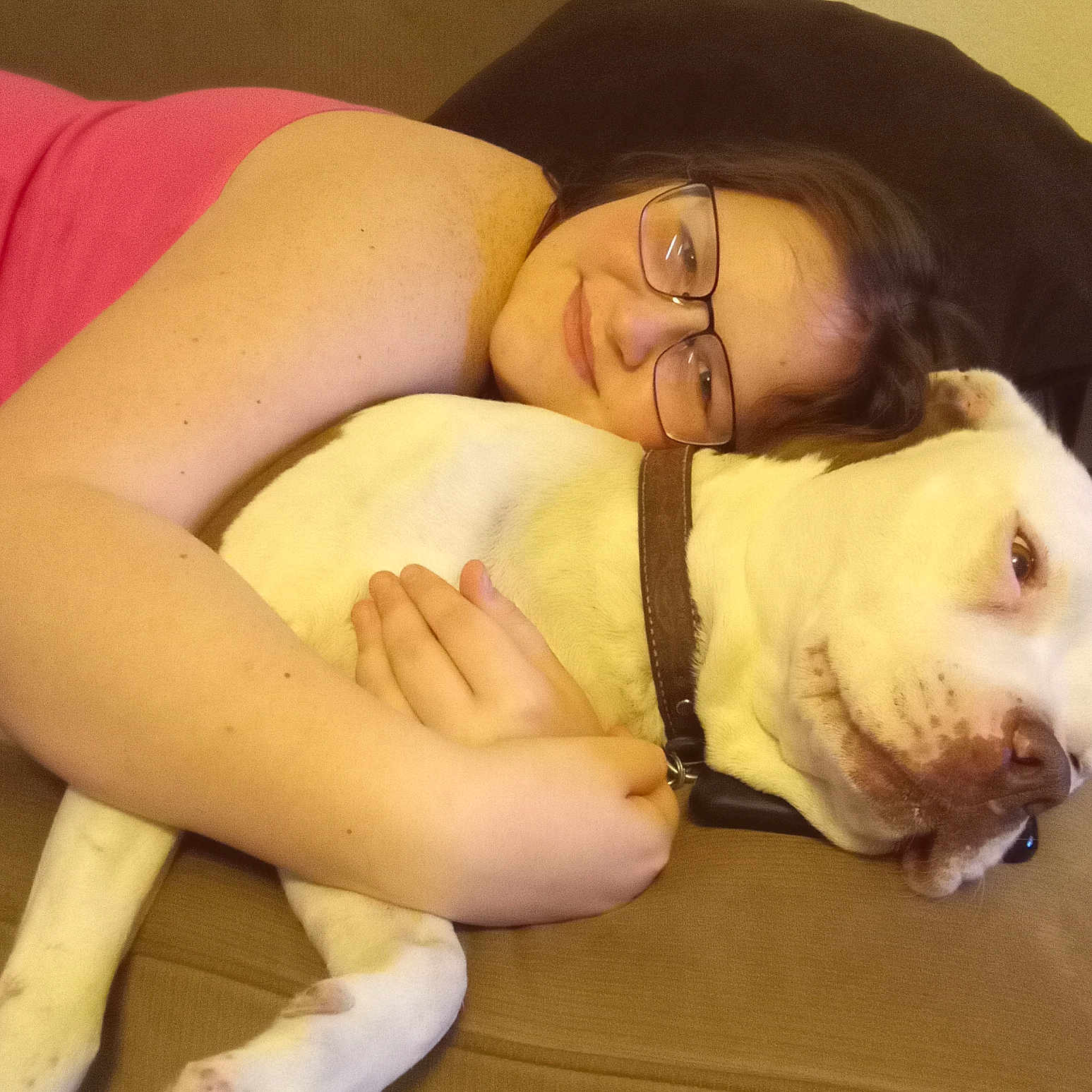 Bella joined the competition — help win amazing prizes! affection, animal, brown_collar, casual_clothing, closeup, comfort, couch, dog, face, friendship, glasses, home, hugging, indoor, person, pet, relaxation, resting, smile, white_dog