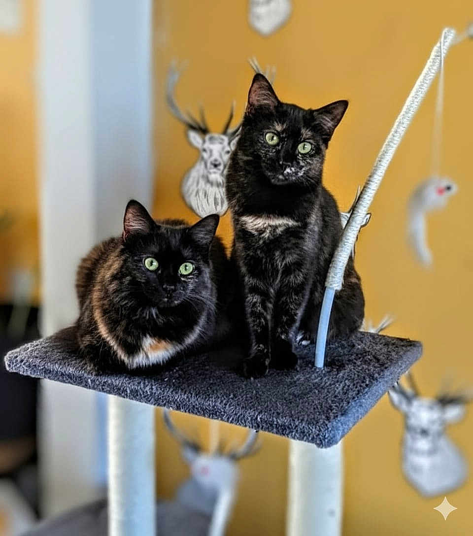 Luna Raven joined the competition — help win amazing prizes! cat, cats, black_cat, pet, indoor, cat_tree, feline, green_eyes, animal, cute, sitting, resting, fur, whiskers, domestic_animal, home_decor, deer_head, yellow_wall, playful, cozy