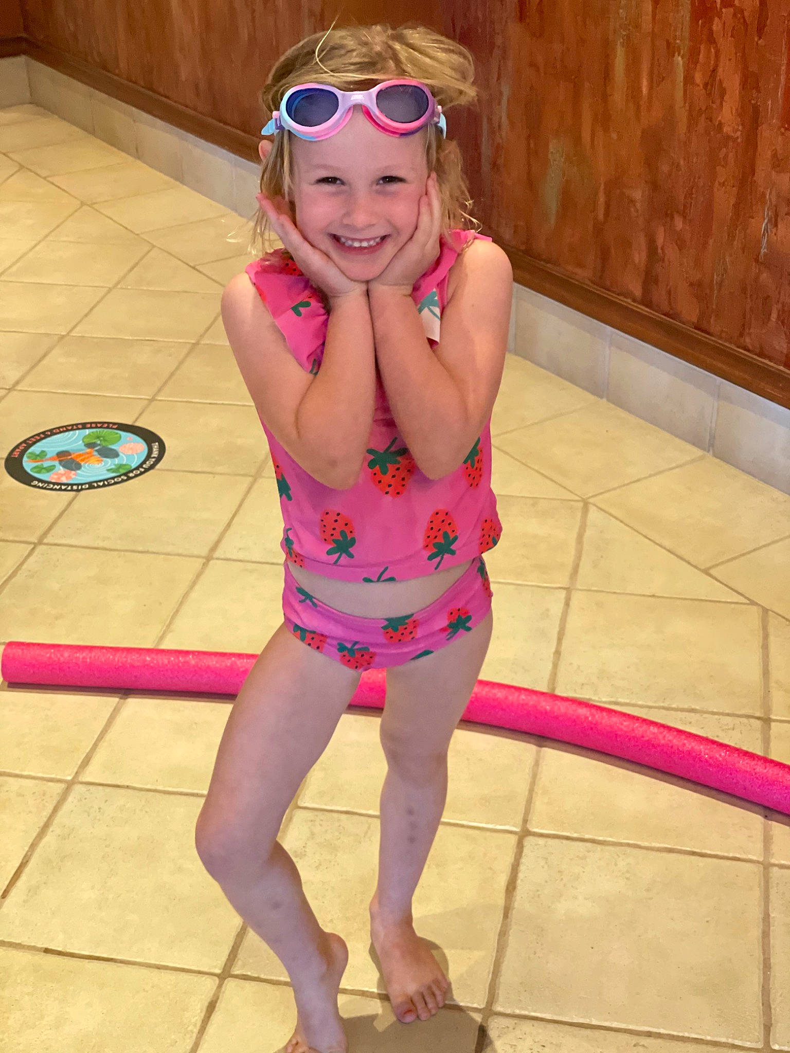 Avalee joined the competition — help win amazing prizes! baby_toddler_clothing, eyewear, floor, flooring, fun, goggles, happy, headwear, joy, leg, leotard, lingerie_top, maillot, one_piece_swimsuit, person, pink, shoulder, smile, sportswear, sunglasses