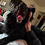 Oso is registered to the contest to win money with this photo: animal, bed, black_dog, blanket, canine, closeup, comfort, cute, dog, fur, hand, home, indoor, mouth_open, pet, portrait, resting, teeth, tongue_out, yawn
