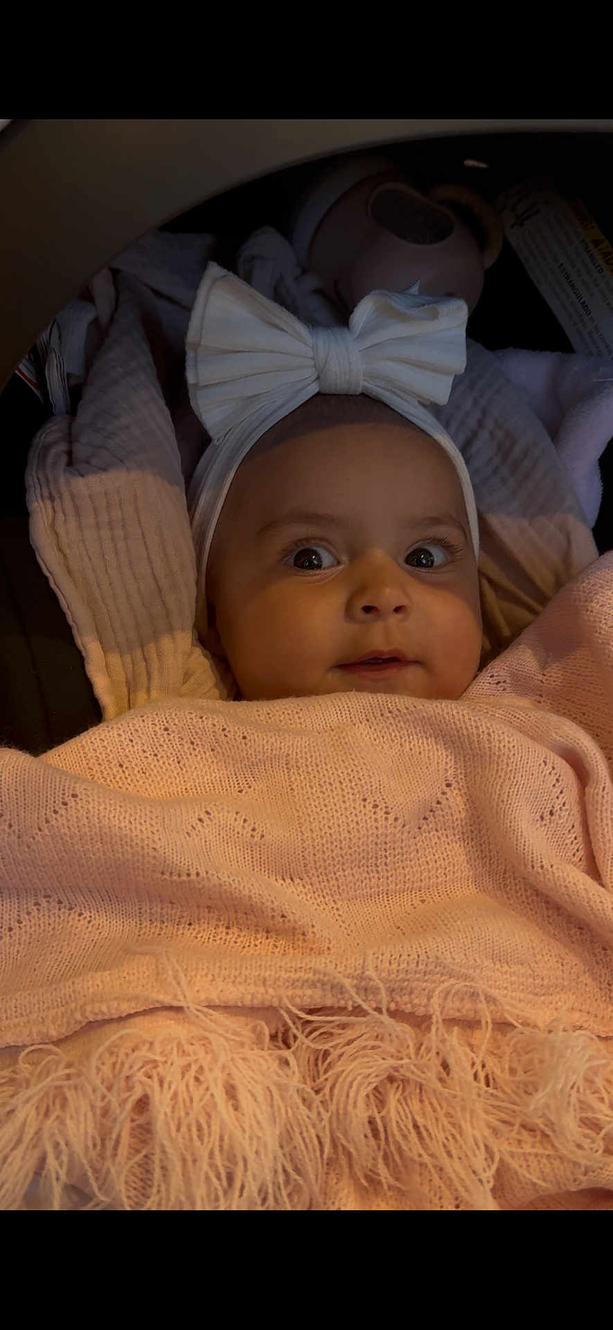 Adele joined the competition — help win amazing prizes! baby, child, blanket, bow, headband, infant, portrait, cute, cozy, warm, soft, pink, white, face, eyes, wrapped, newborn, clothing, indoors, expression