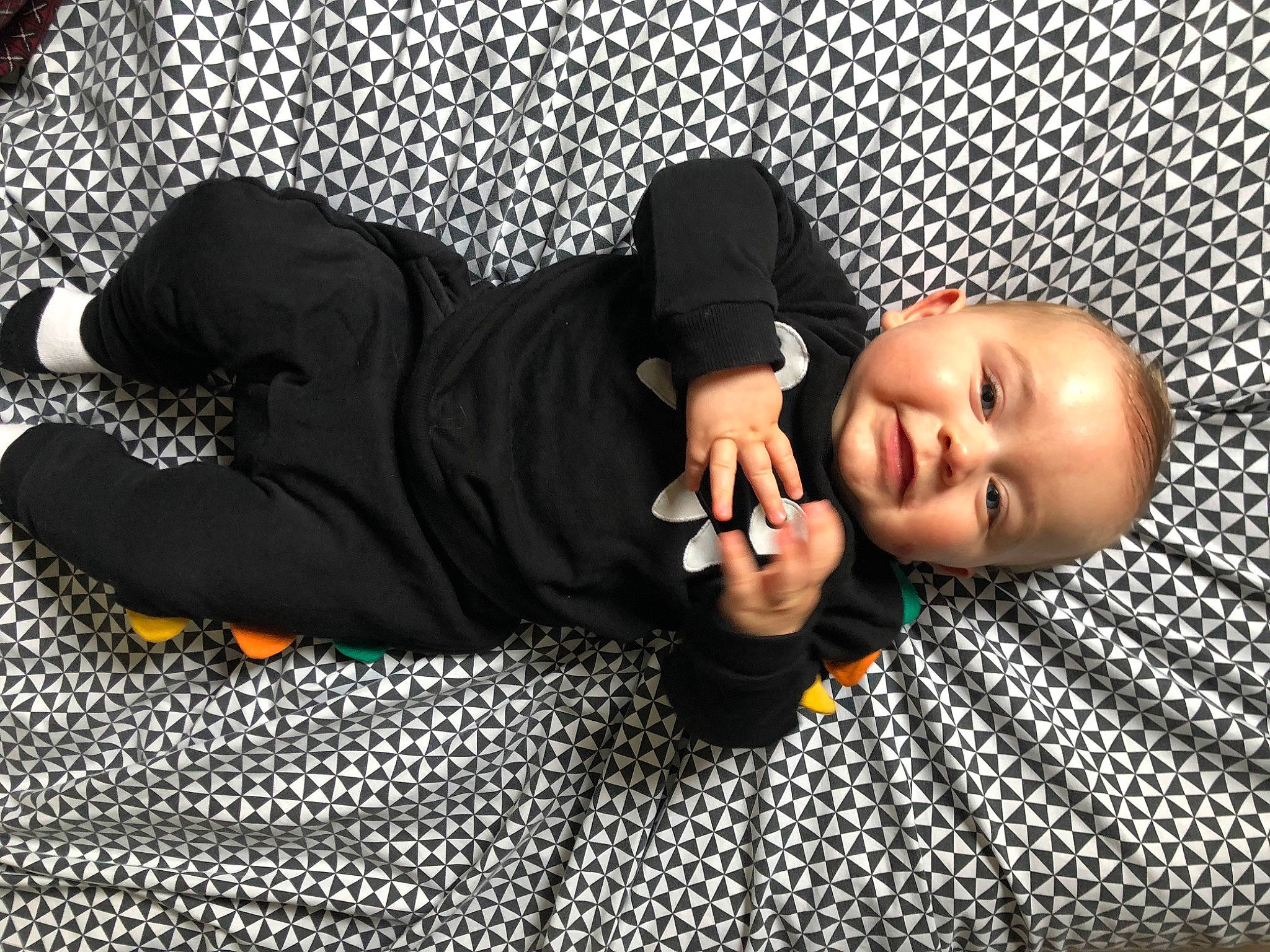 Noa participe au concours pour gagner de l'argent avec cette photo : baby, baby_toddler_clothing, black_hair, child, comfort, flash_photography, floor, flooring, foot, grass, human_leg, knee, linens, pattern, person, room, sitting, sleeve, t_shirt, toddler