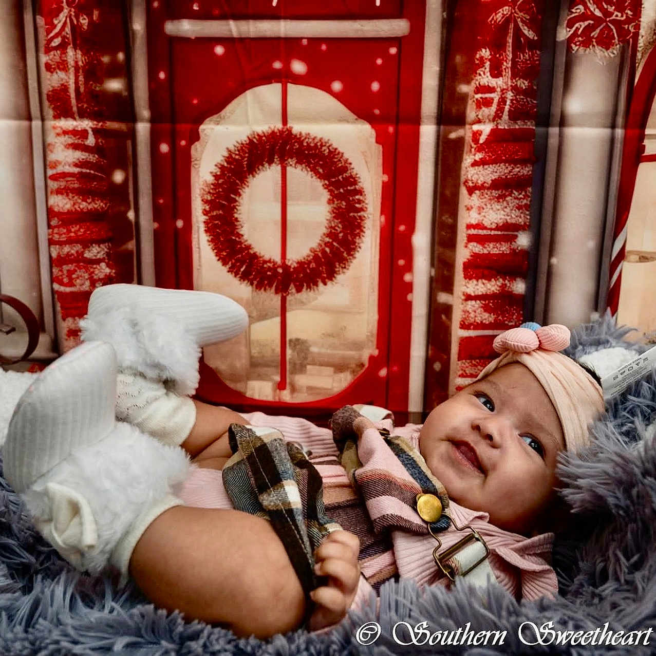 Amelia joined the competition — help win amazing prizes! accessories, baby, bodypart, bonnet, christmas, clothing, couch, face, finger, fir, furniture, hand, hat, head, newborn, person, photography, plant, portrait, tree