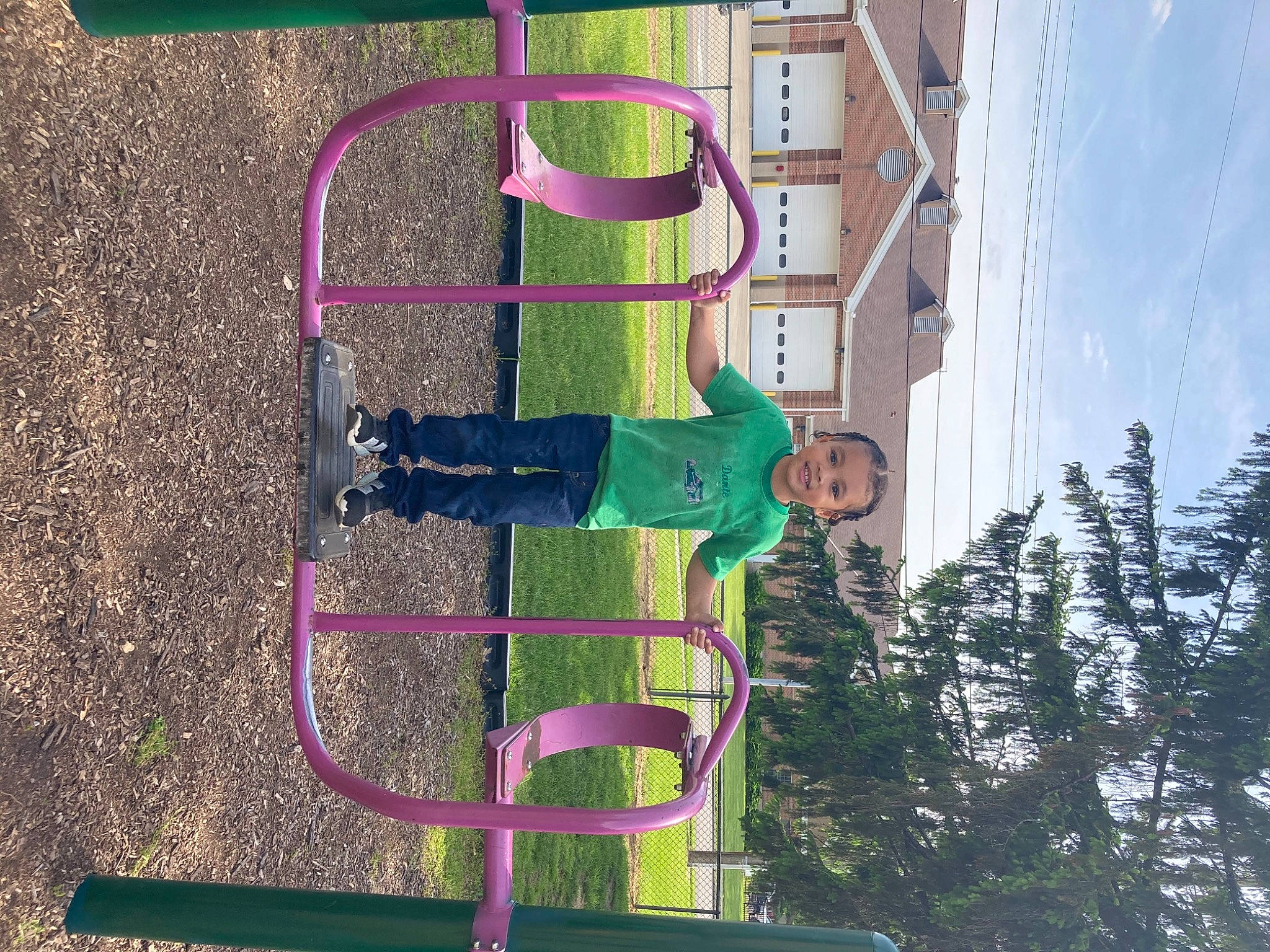 Emmitt joined the competition — help win amazing prizes! asphalt, building, city, facade, fun, grass, joy, leisure, line, magenta, person, pole, recreation, road_surface, shadow, sidewalk, sky, tire, tree, urban_design