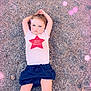 child, lying_down, gravel, white_shirt, red_star, shorts, outdoor, pink_overlay, glowing_orbs, arms_up, casual_clothing, young_child, magic, face, legs, summer, cute, portrait, expression, relaxed