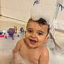 toddler, bath, foam, bubbles, bathtub, child, smiling, happy, toy, water, bathroom, tile, playful, cute, skin, head, wet, fun, indoors, baby