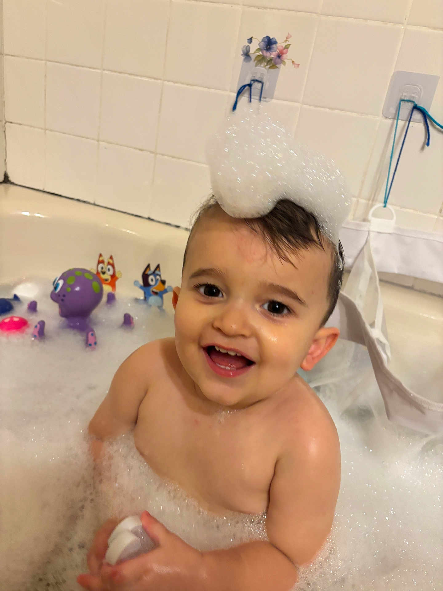 Yamari joined the competition — help win amazing prizes! toddler, bath, foam, bubbles, bathtub, child, smiling, happy, toy, water, bathroom, tile, playful, cute, skin, head, wet, fun, indoors, baby